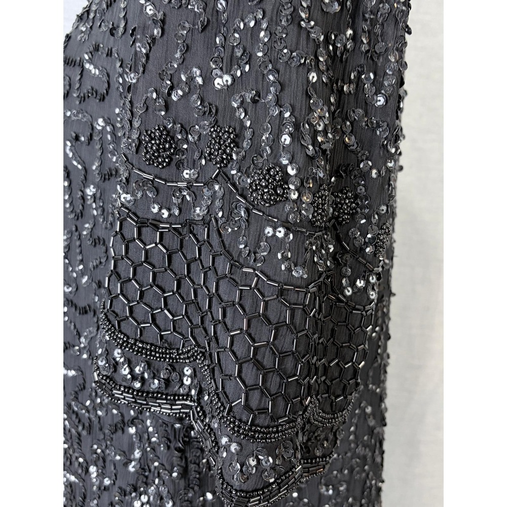Brilliante by JA Vintage 80s Black Silk Beaded Sequin Cocktail Dress L - Picture 8 of 13